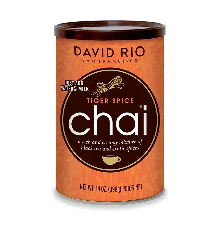 Latas de DAVID RIO CHAI RETAIL 398GRS TIGER SPICE, David Rio Chai, SECO 0.40Kg de peso